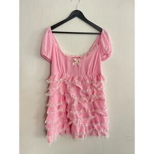 Sugar Thrillz M Babydoll Dress Pink Lace Tiered Ruffle Milkmaid Dolls Kill NEW